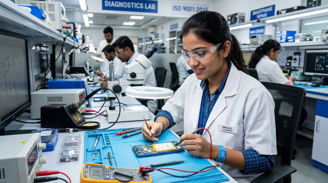 Technician inspecting smartphone with diagnostic tools