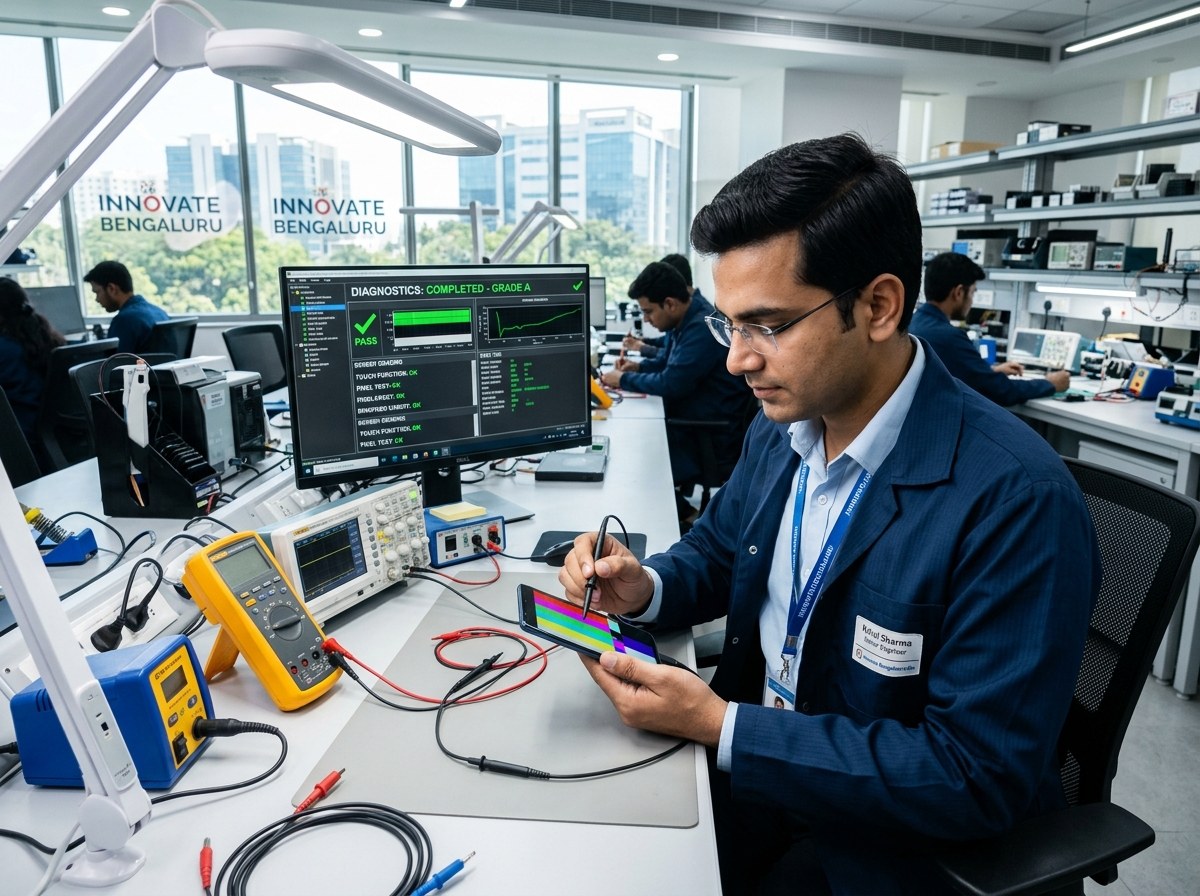 Quality assurance engineer testing smartphone in Bangalore diagnostics laboratory
