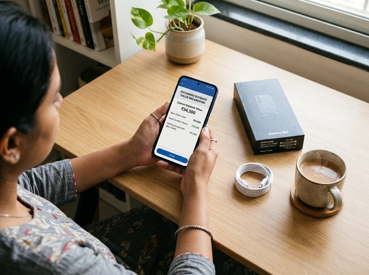 Customer reviewing transparent smartphone quotation on mobile in Indian home